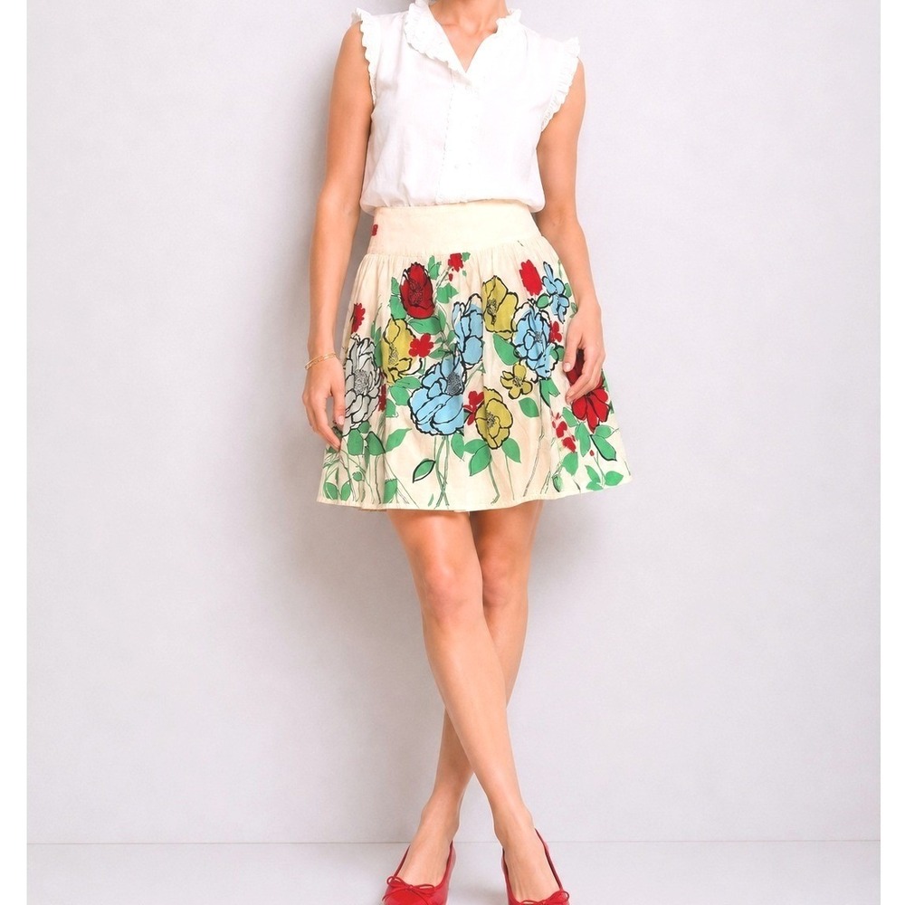 Odille Anthropologie Floral Cotton Mini Skirt White Red Blue Yellow Size 6